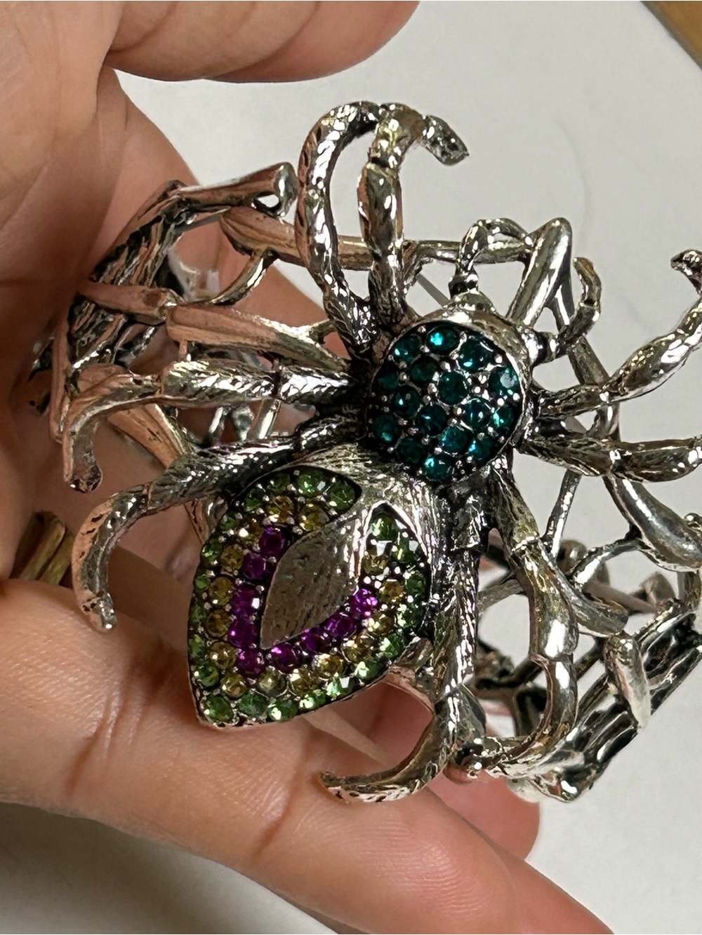 Silver-Tone Statement Spider Cuff Bracelet with Green and Purple Crystal Accents